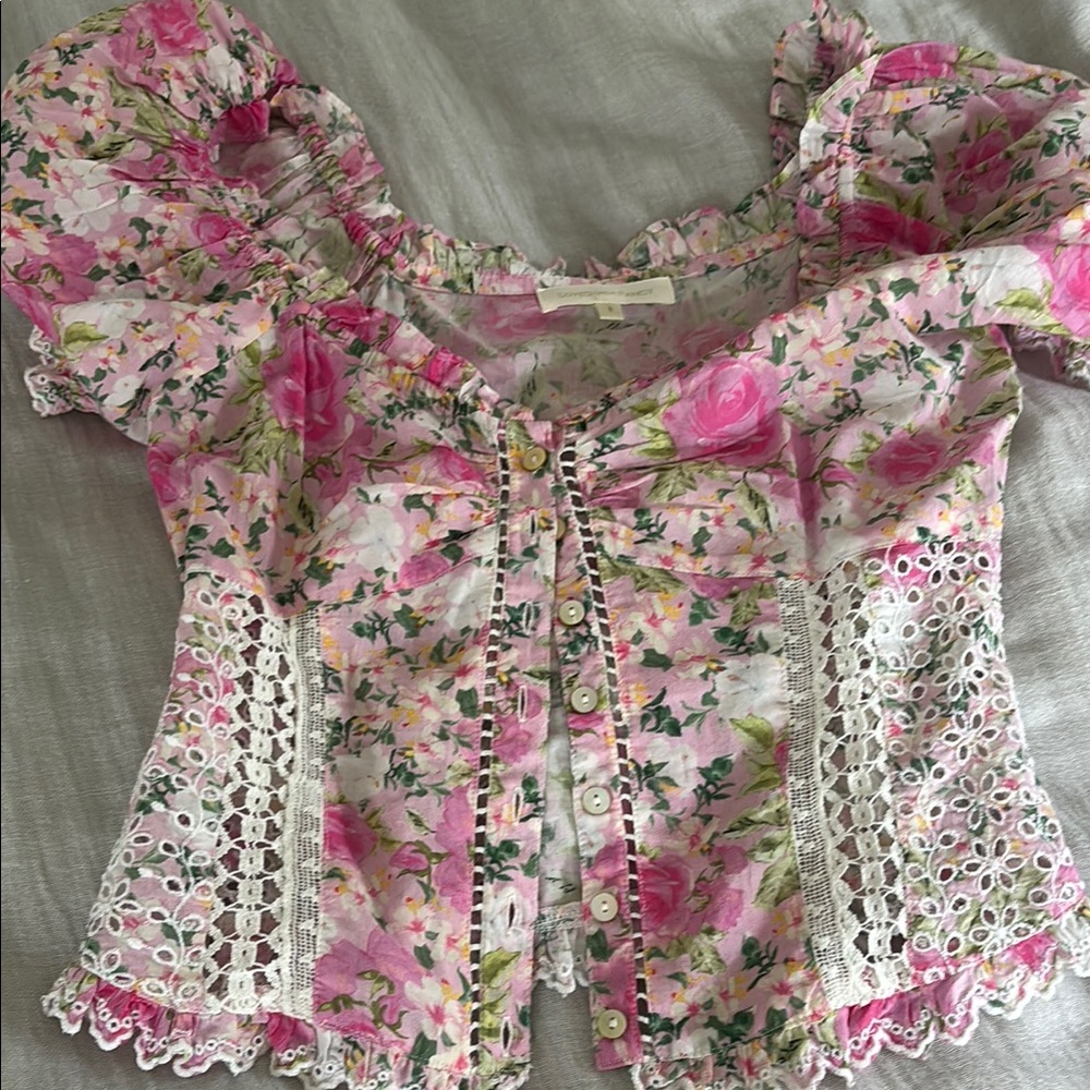 Loveshackfancy Floral Pink Blouse with Lace Details